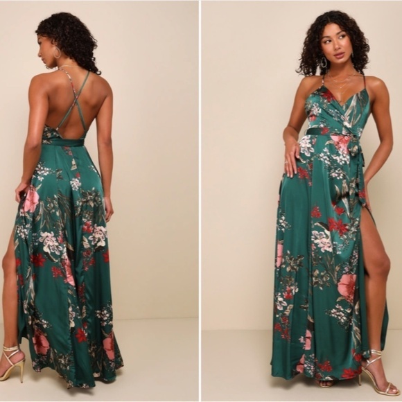 LULU's Floral Sexy Romantic Flowy Floral Wedding Formal Event Satin Maxi Dress - Picture 1 of 4